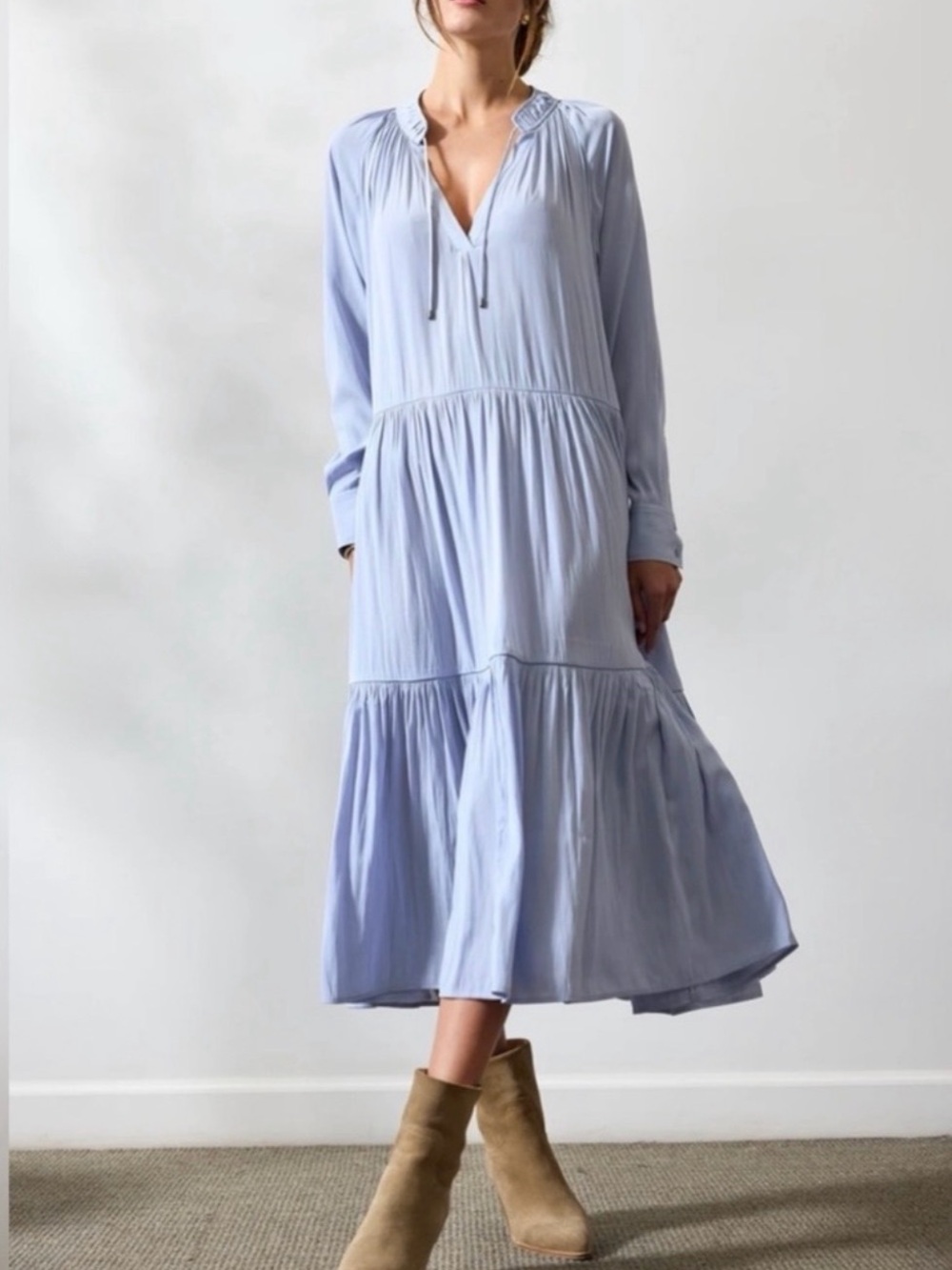 Brochu Walker Alana Tiered Satin Midi Dress XS Zen Blue Long Sleeve